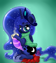 Size: 3549x4000 | Tagged: safe, artist:carligercarl, princess luna, g4, clothes, female, pillow, sleeveless turtleneck, solo, sweater, teacup