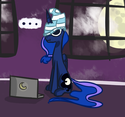 Size: 1280x1200 | Tagged: safe, artist:talludde, princess luna, ask the princess of night, g4, clothes, computer, female, moon, socks, solo, striped socks, tumblr