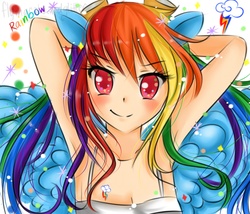 Size: 2450x2100 | Tagged: safe, artist:monicherrie, rainbow dash, human, g4, armpits, boobie mark, eared humanization, female, humanized, solo, winged humanization