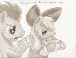 Size: 1094x842 | Tagged: safe, artist:kittyhawk-contrail, big macintosh, soarin', earth pony, pony, g4, alternate hairstyle, bow, eating, grayscale, male, monochrome, sandwich, stallion