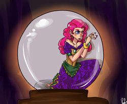 Size: 800x655 | Tagged: safe, artist:peppermintcactus, pinkie pie, human, g4, crystal ball, female, gypsy pie, humanized, kneeling, solo