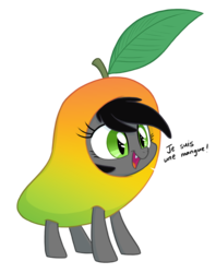 Size: 1000x1262 | Tagged: safe, artist:equestria-prevails, oc, oc only, oc:jasmine, bat pony, fruit bat, pony, clothes, costume, cute, fangs, female, filly, food, food costume, french, fruit, fruit costume, hnnng, mango, mango costume, ocbetes, open mouth, simple background, smiling, solo, standing, that batpony sure does love mangoes, transparent background