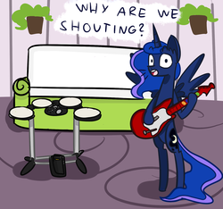 Size: 1280x1200 | Tagged: safe, artist:talludde, princess luna, pony, ask the princess of night, g4, bipedal, drums, drums (rock band), female, guitar, musical instrument, rhythm game, rock band, rock band (game), solo, tumblr, video game