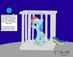 Size: 900x701 | Tagged: safe, artist:t-brony, rainbow dash, a bird in the hoof, g4, banishment, cage, female, moon, solo, speech bubble, to the moon