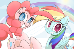 Size: 3000x1990 | Tagged: safe, artist:petalierre, pinkie pie, rainbow dash, g4, colored pupils, duo, happy, looking at you, rainbow, side view, smiling