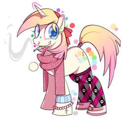 Size: 1560x1525 | Tagged: safe, artist:petalierre, oc, oc only, pony, unicorn, bracelet, checkered socks, cigarette, clothes, earring, female, mare, nose ring, piercing, scarf, smoking, socks, solo