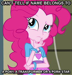 Size: 606x629 | Tagged: safe, pinkie pie, equestria girls, g4, female, humanized, image macro, solo, thinking, transformers