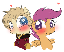 Size: 1024x837 | Tagged: safe, artist:petalierre, scootaloo, g4, blushing, chickuns, clothes, crossover, heart, hetalia, latvia, ponified, uniform