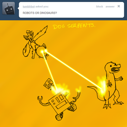 Size: 800x800 | Tagged: safe, artist:captainhoers, spitfire, dinosaur, dog, robot, tyrannosaurus rex, firestarter spitfire, g4, decapitated, decapitation, dog serpent, eye beams, flying, orange background, riding, simple background, tumblr