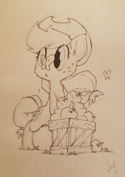 Size: 708x1000 | Tagged: safe, artist:atryl, applejack, butterfly, pony, g4, apple, bipedal, bipedal leaning, cute, female, monochrome, sketch, solo, traditional art