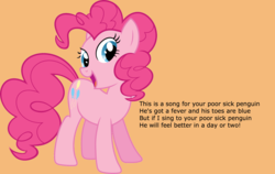 Size: 2240x1415 | Tagged: safe, pinkie pie, earth pony, pony, g4, female, solo, song, song reference, text, veggietales