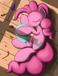 Size: 1275x1650 | Tagged: safe, artist:grennadder, pinkie pie, g4, balloon, big hooves, confetti, female, sleeping, solo, streamers