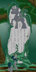 Size: 500x1000 | Tagged: safe, artist:wryte, oc, oc only, alicorn, earth pony, pony, everfree forest, futhark, newbie artist training grounds, oh my god a giant rock, runes