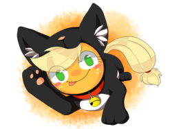 Size: 1200x900 | Tagged: safe, artist:sion, applejack, cat, g4, applecat, bell, bell collar, clothes, collar, costume, female, kitten, pixiv, simple background, solo, tongue out, transparent background