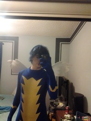 Size: 556x742 | Tagged: safe, soarin', human, pegasus, pony, g4, clothes, cosplay, irl, irl human, photo, solo, spandex, uniform, wings, wonderbolts, wonderbolts uniform