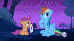 Size: 516x290 | Tagged: safe, screencap, rainbow dash, scootaloo, g4, sleepless in ponyville, animated, female, hub logo, hug, scootalove, snuggling, wing pull, winghug