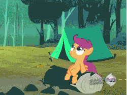 Size: 481x360 | Tagged: safe, screencap, rainbow dash, rarity, scootaloo, sweetie belle, pegasus, pony, unicorn, g4, sleepless in ponyville, animated, female, filly, hub logo, mare, tent