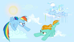 Size: 1920x1080 | Tagged: safe, artist:gustaviaable, lightning dust, rainbow dash, pegasus, pony, g4, city, cloud, cloudsdale, duo, duo female, female, flying, mare, sky, sun, vector, wallpaper