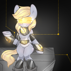 Size: 1000x1000 | Tagged: safe, artist:camellia, derpy hooves, pegasus, pony, g4, blushing, cute, cyberpunk, ear fluff, eyes closed, female, hmd, mare, science fiction, sitting, smiling, solo, underhoof