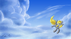 Size: 2400x1333 | Tagged: safe, artist:ardail, derpy hooves, pegasus, pony, g4, cloud, cloudy, female, flying, mare, signature, sky, solo, spread wings, wings