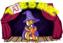 Size: 929x644 | Tagged: safe, artist:fauxsquared, applejack, earth pony, pony, trixie is magic, g4, accessory swap, bipedal, female, solo, stage, the great and powerful
