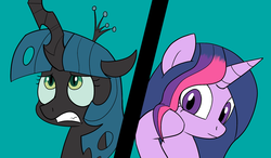 Size: 2048x1192 | Tagged: safe, artist:haxorus31, queen chrysalis, twilight sparkle, g4, alternate hairstyle, mane swap