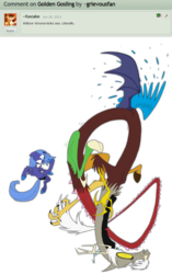 Size: 1377x2193 | Tagged: safe, artist:grievousfan, discord, princess luna, g4, filly, kick, text, woona