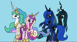 Size: 1980x1080 | Tagged: safe, artist:touma, princess cadance, princess celestia, princess luna, queen chrysalis, alicorn, changeling, pony, g4, alicorn triarchy, pixiv