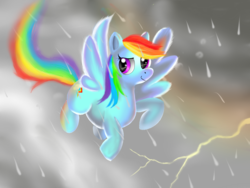 Size: 1600x1200 | Tagged: safe, artist:horuru, rainbow dash, g4, female, lightning, pixiv, rain, solo