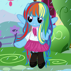 Size: 4000x4000 | Tagged: safe, artist:beavernator, rainbow dash, pegasus, pony, g4, alternate hairstyle, clothes, cute, female, long mane, mare, rain, solo, stockings, thigh highs, wet, wet mane