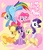 Size: 1000x1168 | Tagged: safe, artist:natsu-nori, applejack, fluttershy, pinkie pie, rainbow dash, rarity, twilight sparkle, earth pony, pegasus, pony, unicorn, g4, abstract background, cute, female, flying, heart, mane six, mare, sitting, smiling, spread wings, title drop, wink