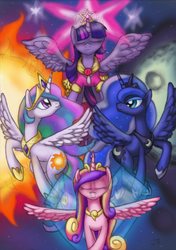 Size: 1496x2120 | Tagged: safe, artist:cazra, princess cadance, princess celestia, princess luna, twilight sparkle, alicorn, pony, g4, alicorn tetrarchy, clothes, female, mare, twilight sparkle (alicorn)