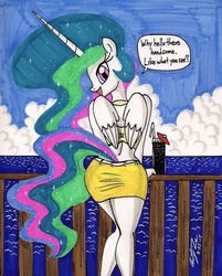 Size: 1280x1593 | Tagged: safe, artist:newyorkx3, princess celestia, anthro, g4, ass, butt, clothes, female, flirting, looking at you, midriff, outdoors, skirt, solo, swimsuit, traditional art, underwear, yellow bikini, yellow bikini top, yellow bra, yellow swimsuit, yellow underwear