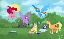 Size: 1280x781 | Tagged: safe, artist:egriz, applejack, fluttershy, pinkie pie, rainbow dash, rarity, twilight sparkle, alicorn, classical unicorn, pony, g4, alternate design, female, flying, horn, jumping, leonine tail, mane six, mare, picnic, trampoline, twilight sparkle (alicorn)