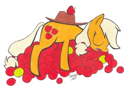 Size: 5794x3954 | Tagged: safe, artist:aqnichols, applejack, g4, apple, female, pile, simple background, sleeping, solo