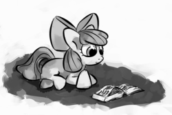 Size: 1800x1200 | Tagged: safe, artist:danielpon, apple bloom, g4, book, female, monochrome, reading, solo