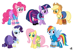 Size: 1024x713 | Tagged: safe, artist:bananimationofficial, applejack, fluttershy, pinkie pie, rainbow dash, rarity, twilight sparkle, earth pony, pegasus, pony, unicorn, equestria girls, g4, clothes, equestria girls outfit, female, mane six, simple background, skirt, unicorn twilight, white background