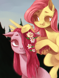 Size: 600x800 | Tagged: safe, artist:xarakayx, fluttershy, pinkie pie, earth pony, pegasus, pony, g4, alternate hairstyle, female, flower, flower in hair, lesbian, looking at each other, makeover, pinkamena diane pie, ship:flutterpie, shipping