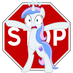 Size: 1460x1462 | Tagged: safe, artist:hfbn2, artist:liggliluff, oc, oc only, oc:princess paradise, pony, unicorn, bipedal, female, frown, looking at you, mare, open mouth, simple background, solo, stop, stop sign, transparent background, uvula, vector, wide eyes