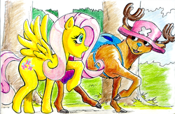 Size: 1200x782 | Tagged: safe, artist:irie-mangastudios, fluttershy, reindeer, g4, choppershy, colored pencil drawing, crossover, one piece, tony tony chopper, traditional art
