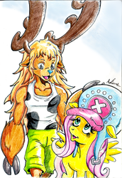 Size: 741x1079 | Tagged: safe, artist:irie-mangastudios, fluttershy, reindeer, anthro, g4, choppershy, colored pencil drawing, crossover, hat, one piece, tony tony chopper, traditional art
