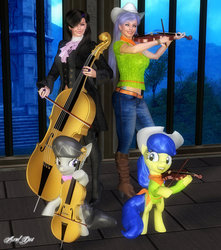 Size: 840x950 | Tagged: safe, artist:axel-doi, fiddlesticks, octavia melody, earth pony, human, pony, g4, 3d, apple family member, boots, cello, clothes, cowboy boots, cowboy hat, female, hat, human ponidox, humanized, mare, musical instrument, poser, shoes, suit, violin, woman