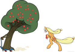 Size: 7295x5075 | Tagged: safe, artist:randomlywhimsical, applejack, earth pony, pony, g4, absurd resolution, apple tree, axe, bipedal, mask, scooter, simple background, transparent background, tree