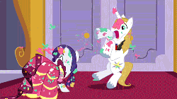 Size: 500x281 | Tagged: safe, screencap, prince blueblood, rarity, pony, unicorn, g4, the best night ever, alternative cutie mark placement, angry, animated, animated screencap, animation error, behaving like a dog, bipedal, cake, clothes, dignified wear, drama king, dress, duo, female, furious, gala dress, head shake, inner thigh cutie mark, karma, male, mare, messy, rarity is not amused, revenge, shaking, sin of wrath, stallion, unamused, uncouth, unshorn fetlocks