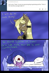 Size: 850x1250 | Tagged: safe, artist:ichibangravity, oc, oc only, ask king sombra pie, bed, rae mix, triste savoir, tumblr