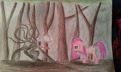 Size: 1024x612 | Tagged: safe, artist:rusticshine, pinkie pie, g4, halloween, holiday, knife, pinkamena diane pie, slenderman, traditional art