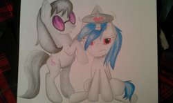 Size: 1024x612 | Tagged: safe, artist:capseys, dj pon-3, octavia melody, vinyl scratch, g4, traditional art