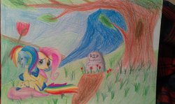 Size: 1024x612 | Tagged: safe, artist:rusticshine, fluttershy, rainbow dash, scootaloo, g4, grave, sad, traditional art