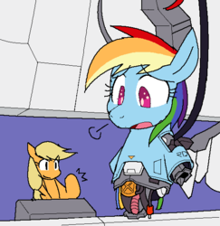 Size: 548x564 | Tagged: safe, artist:tetsutowa, applejack, rainbow dash, android, gynoid, pony, robot, robot pony, g4, hippoid, laboratory, maintenance, modular, pixiv, rainbot dash, repairing