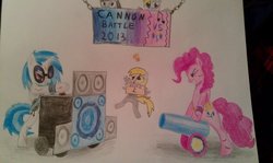 Size: 1024x612 | Tagged: safe, artist:rusticshine, derpy hooves, dj pon-3, octavia melody, pinkie pie, vinyl scratch, pegasus, pony, g4, female, fight, mare, traditional art